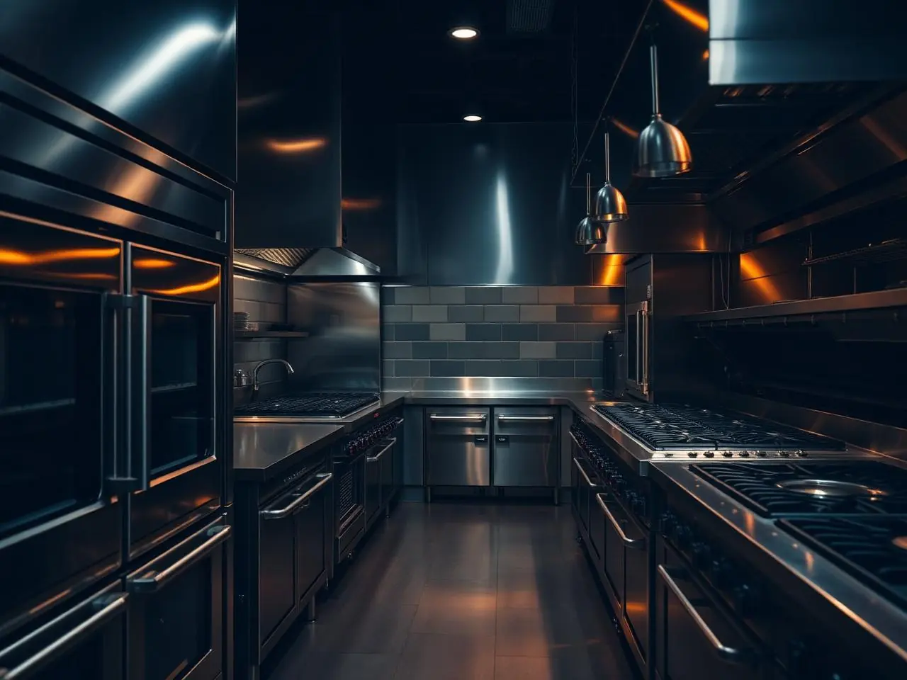 Premium commercial kitchen hot line with combi ovens, gas ranges and salamander broilers