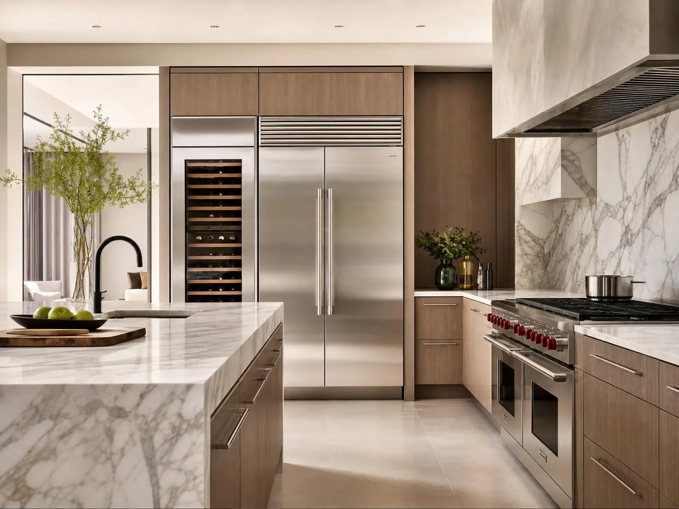 Luxury kitchen with integrated built-in refrigerator, wine column and premium range